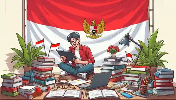 Seorang siswa Indonesia sedang belajar dengan semangat, dikelilingi buku-buku dan laptop, di tembok ada bendera indonesia merah putih