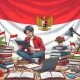 Seorang siswa Indonesia sedang belajar dengan semangat, dikelilingi buku-buku dan laptop, di tembok ada bendera indonesia merah putih