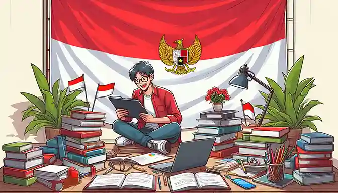 Seorang siswa Indonesia sedang belajar dengan semangat, dikelilingi buku-buku dan laptop, di tembok ada bendera indonesia merah putih