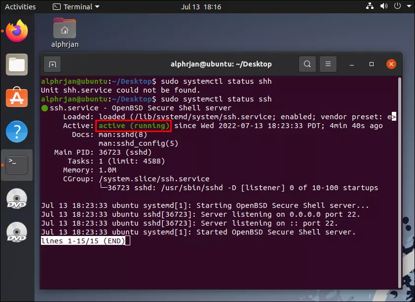 status SSH layanan Sudo